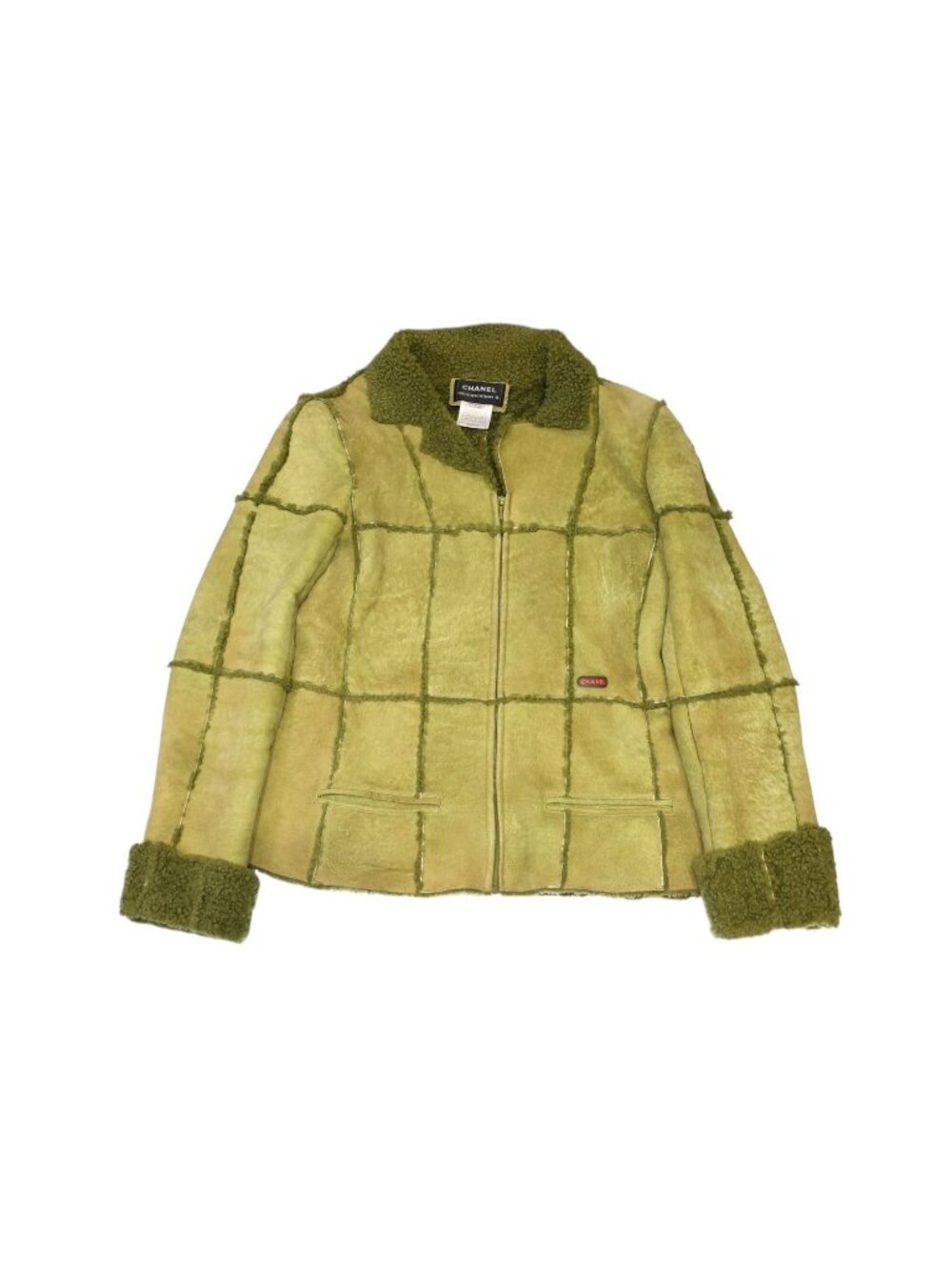 Chanel Fleece Jacket CC Logo Lambskin Khaki Leather 42